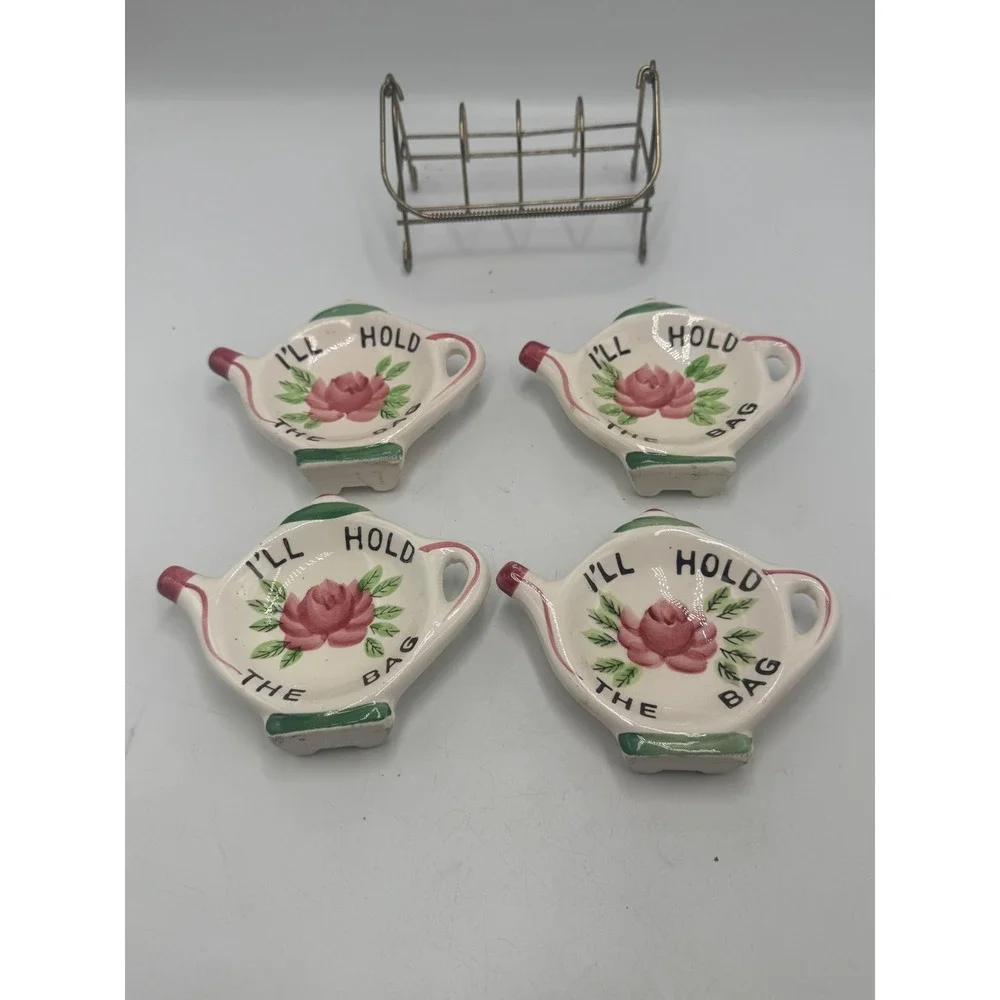 Cardinal Ceramic Tea Bag Holder Set of 4 with Metal Rack I'll Hold The Bag Rose